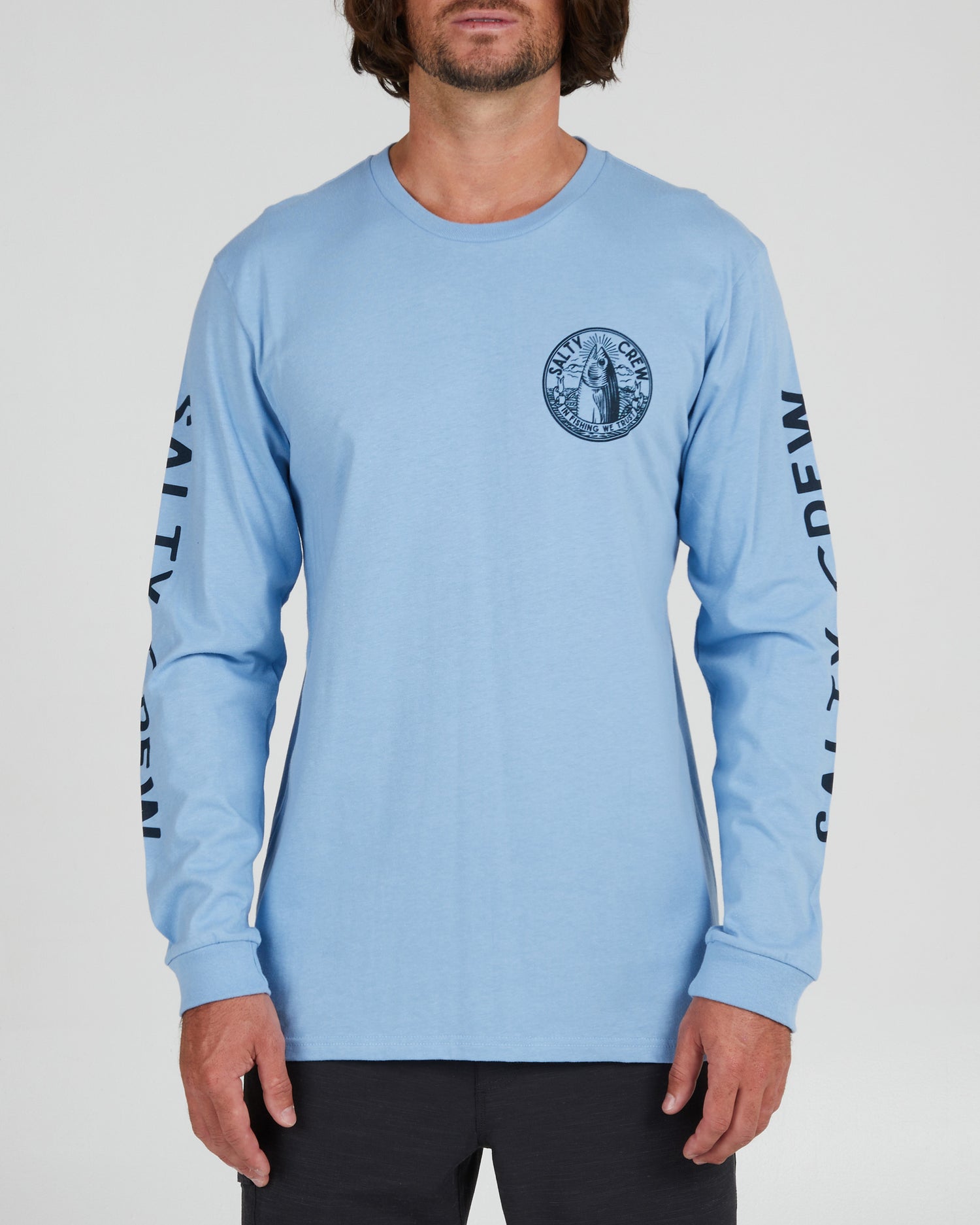 on body front of the In Fishing We Trust Marine Blue L/S Premium Tee
