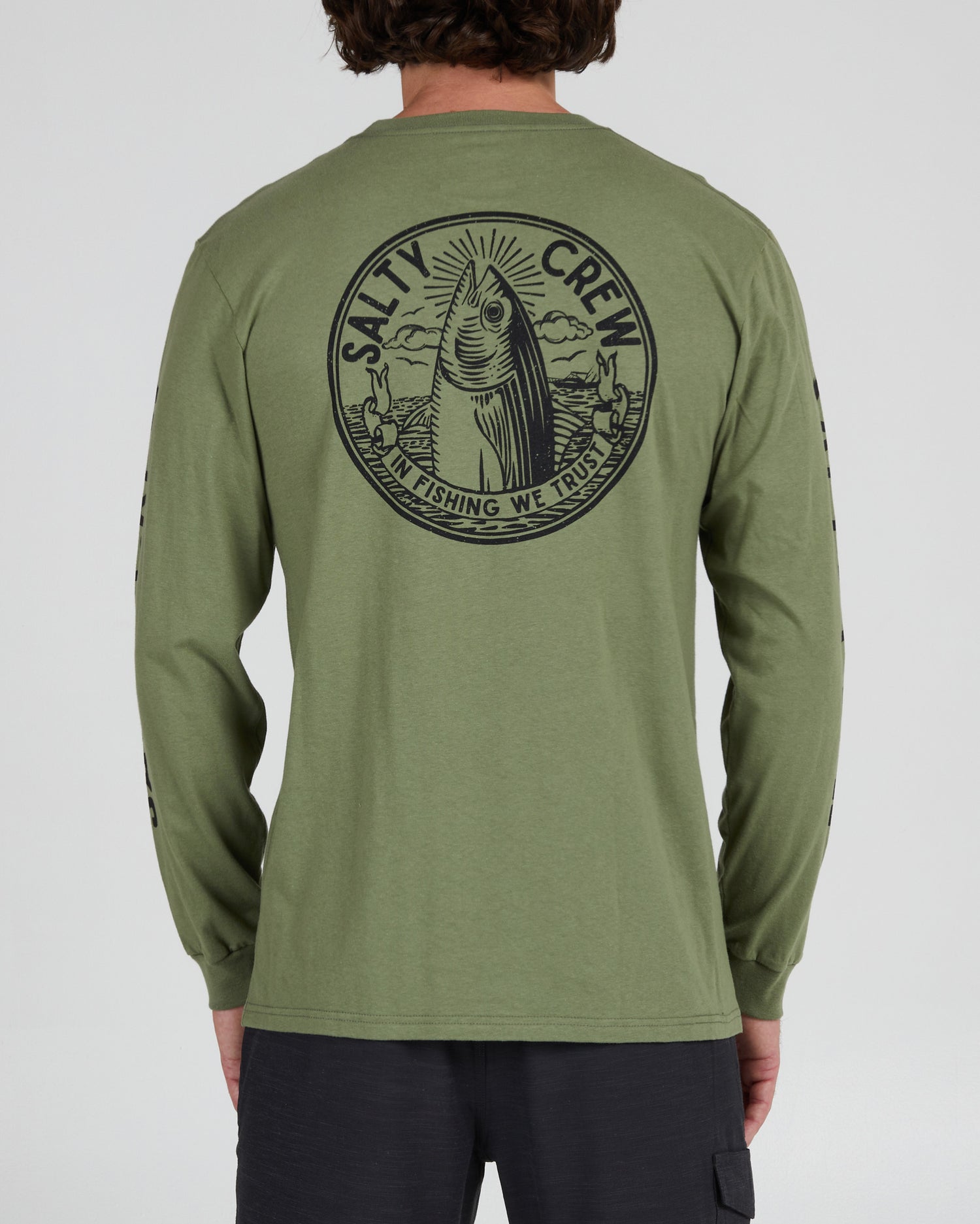 On body back of the In Fishing We Trust Sage Green L/S Premium Tee