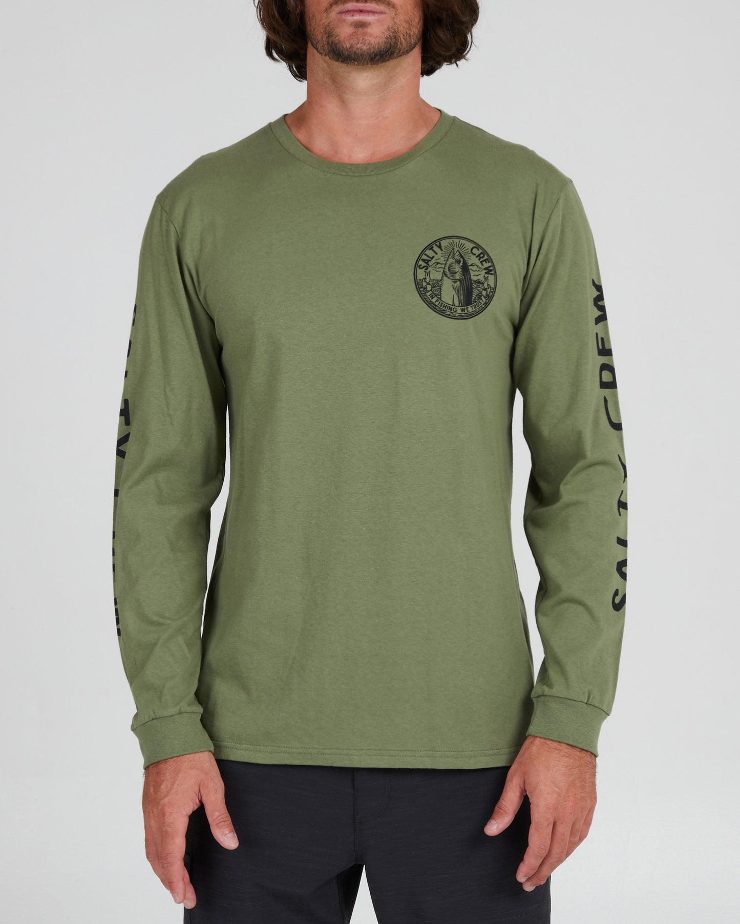 On body front of the In Fishing We Trust Sage Green L/S Premium Tee