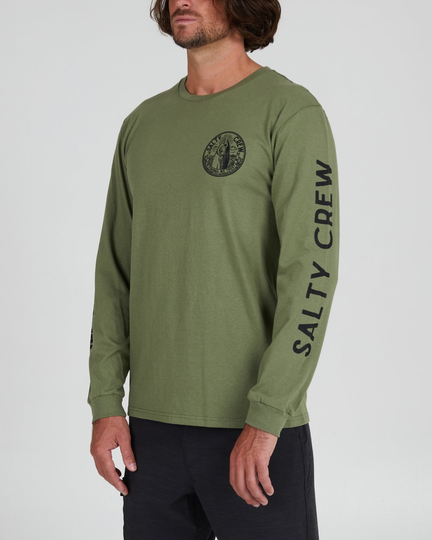 On body front angled view of the In Fishing We Trust Sage Green L/S Premium Tee