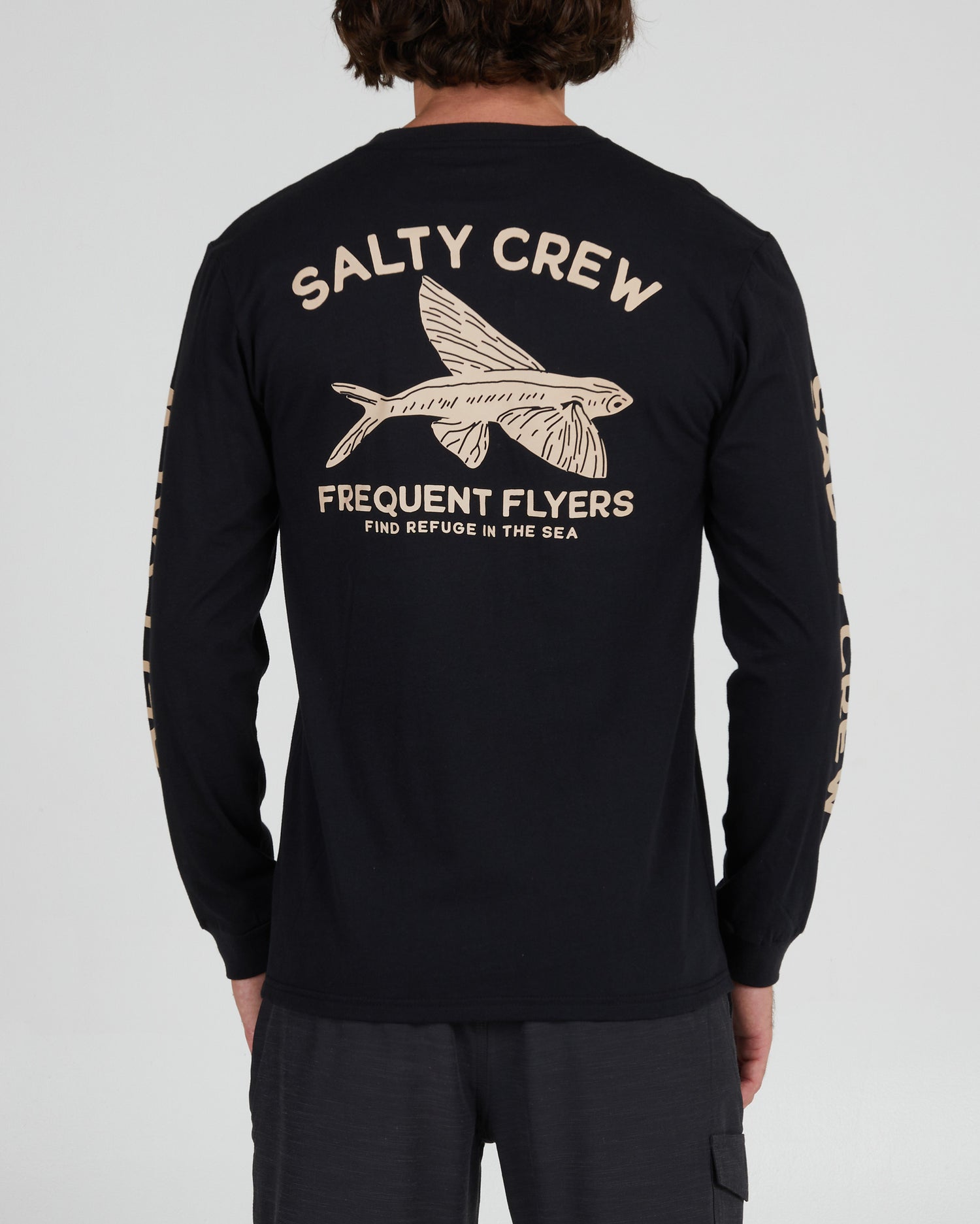 back view of Frequent Flyer Black L/S Premium Tee