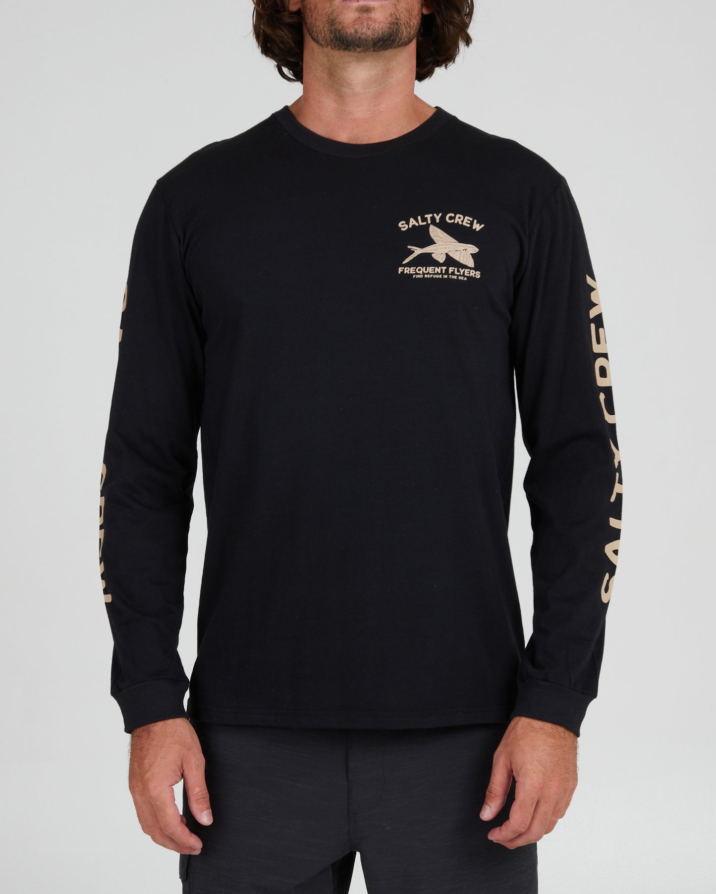 front view of Frequent Flyer Black L/S Premium Tee