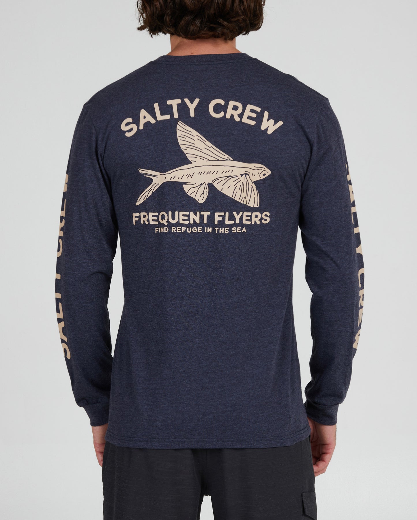 back view of Frequent Flyer Navy Heather L/S Premium Tee