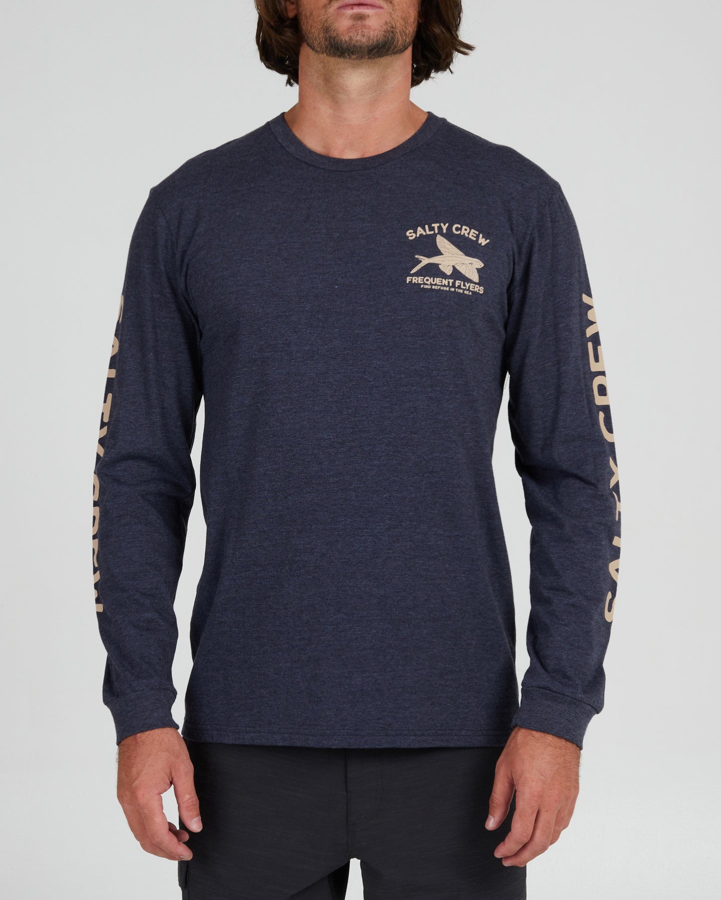 front view of Frequent Flyer Navy Heather L/S Premium Tee