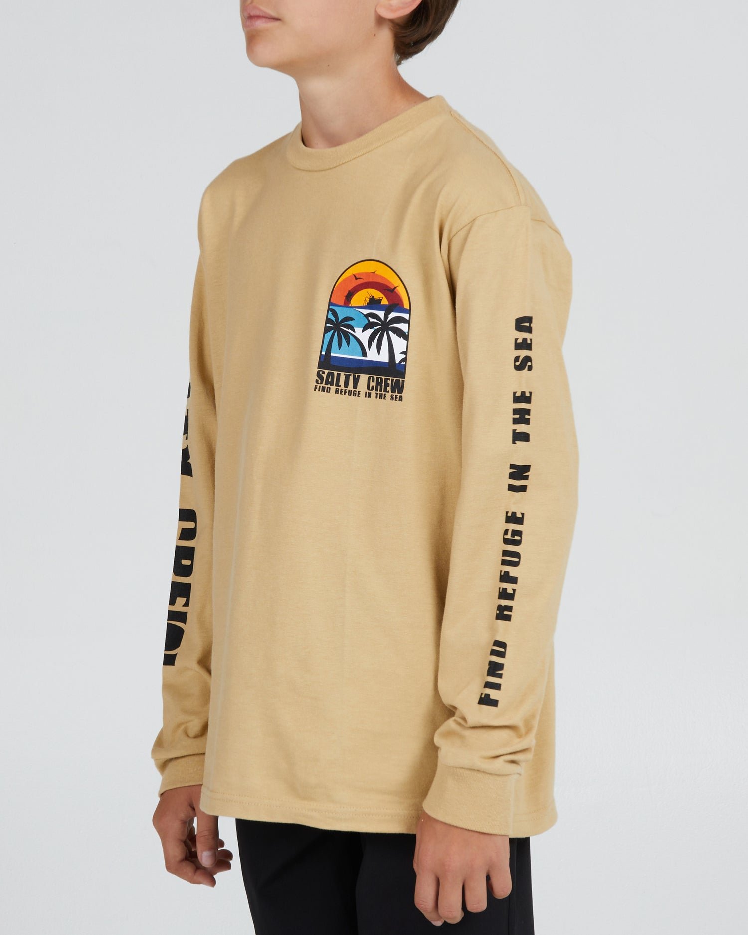front angled Beach Day Boys Camel L/S Tee