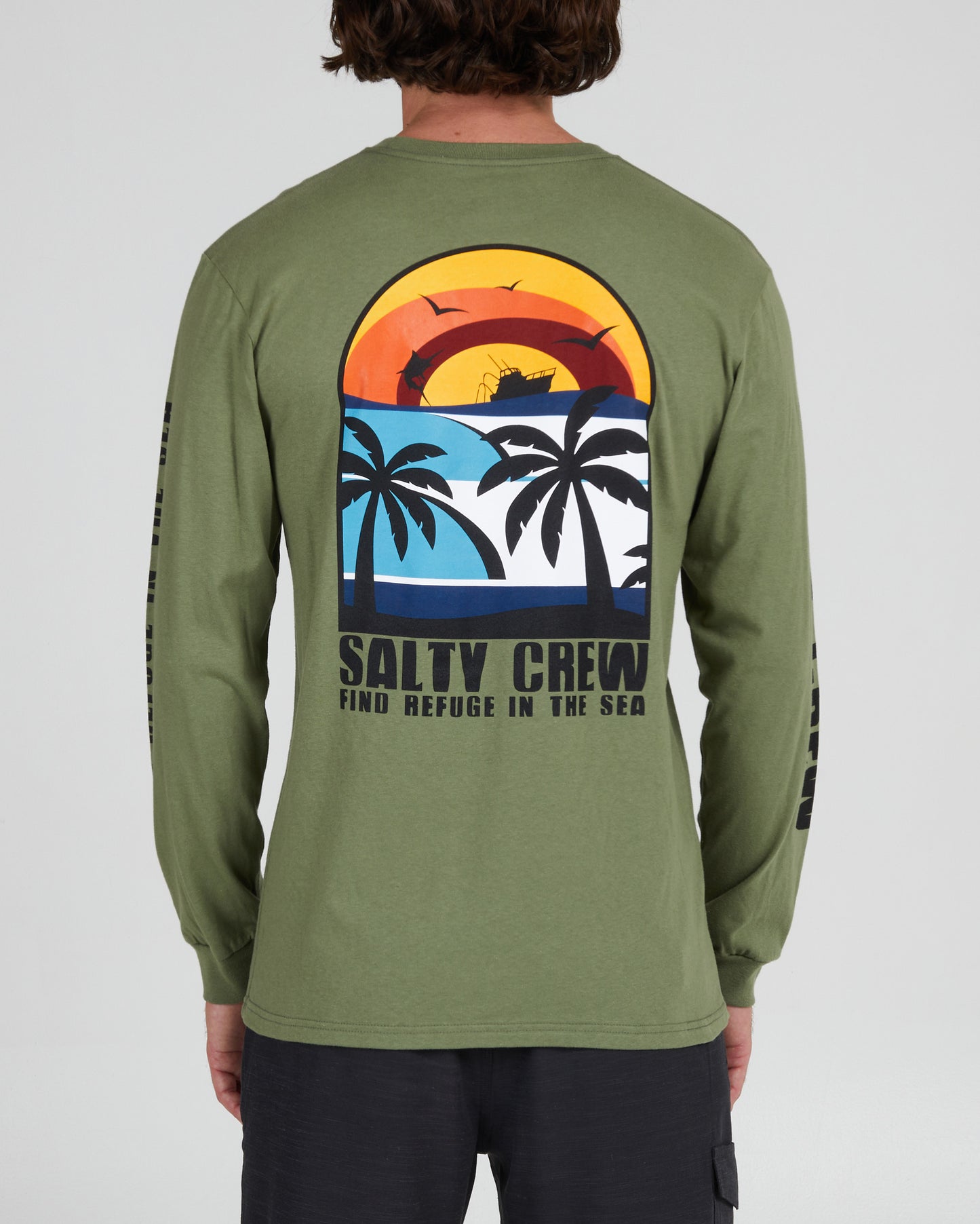 On body back of the Beach Day Sage Green L/S Premium Tee