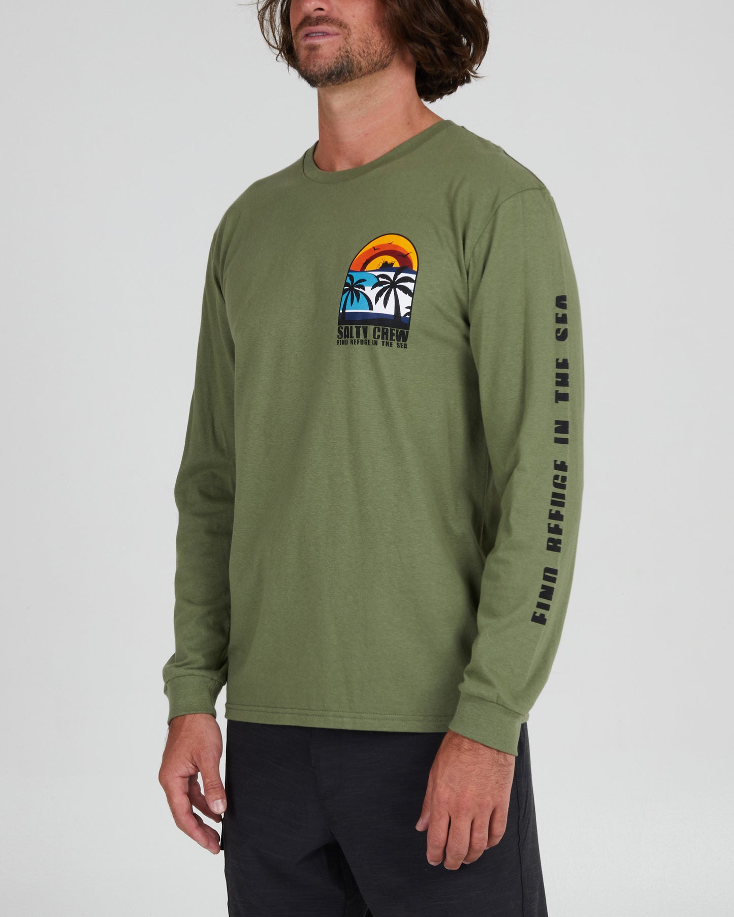 On body front angle of the Beach Day Sage Green L/S Premium Tee