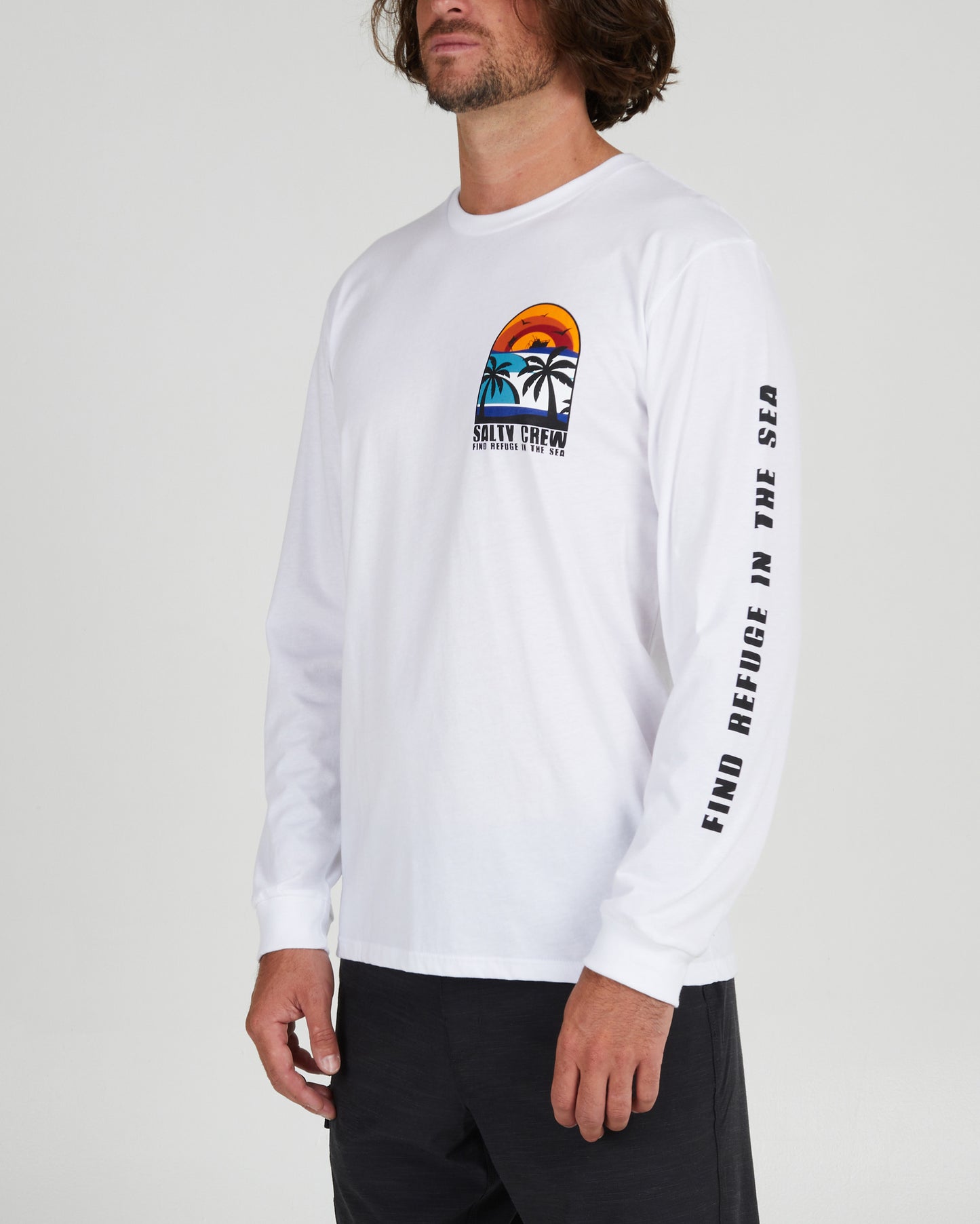 On body front angle of the Beach Day White L/S Premium Tee