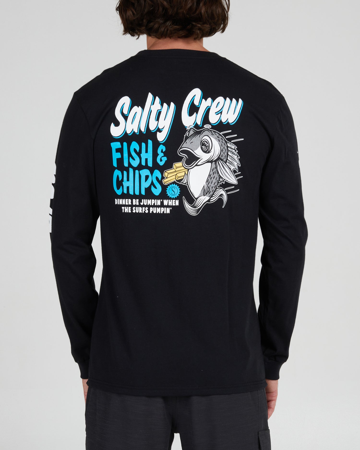 On body back of the Fish and Chips Black L/S Premium Tee