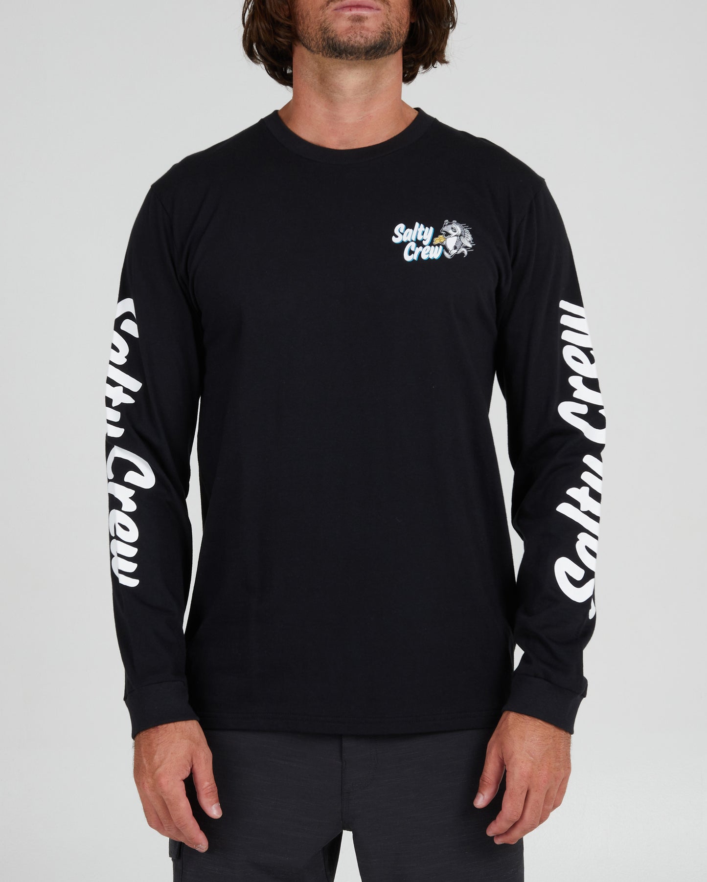 On body front of the Fish and Chips Black L/S Premium Tee