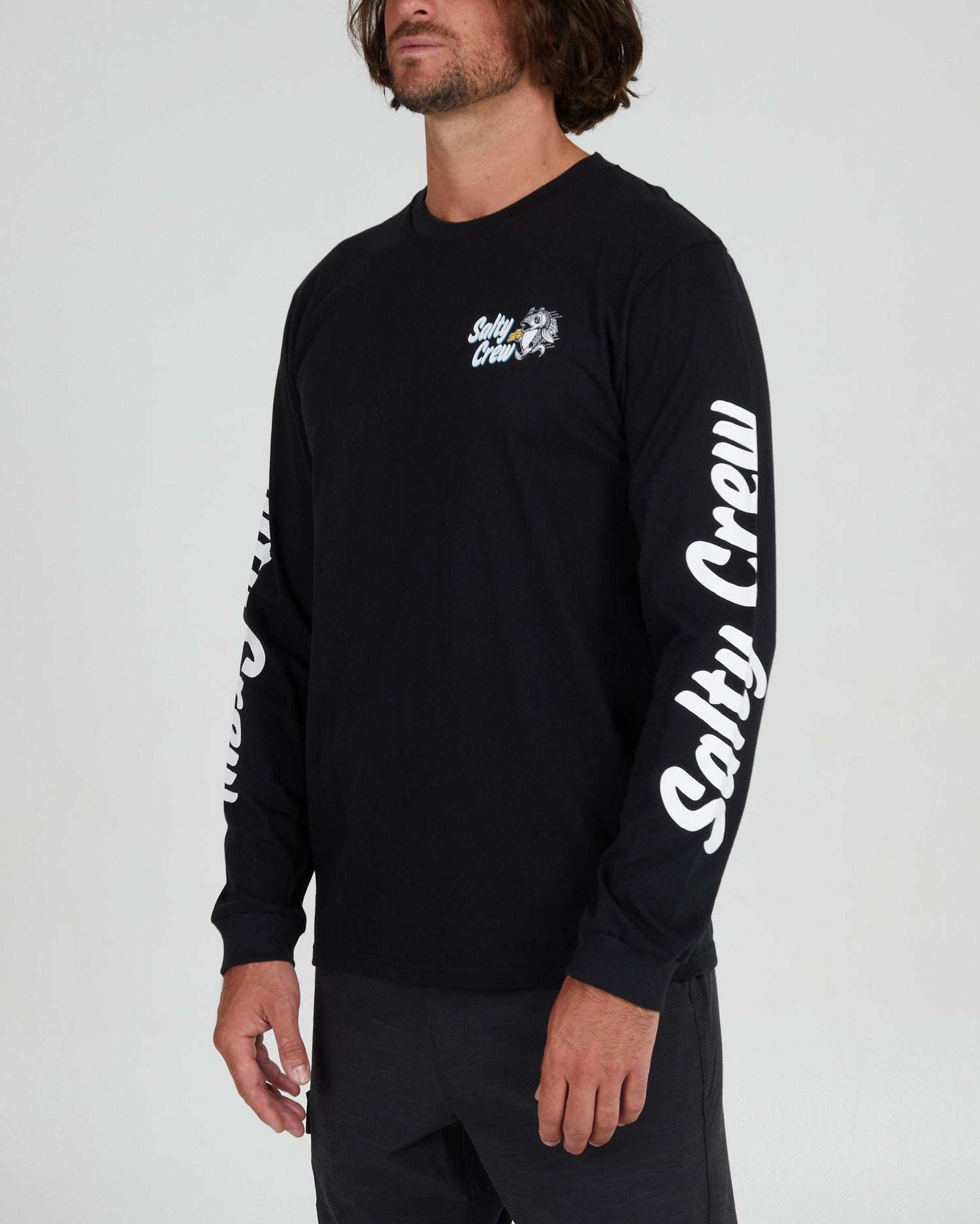 On body front angle of the Fish and Chips Black L/S Premium Tee