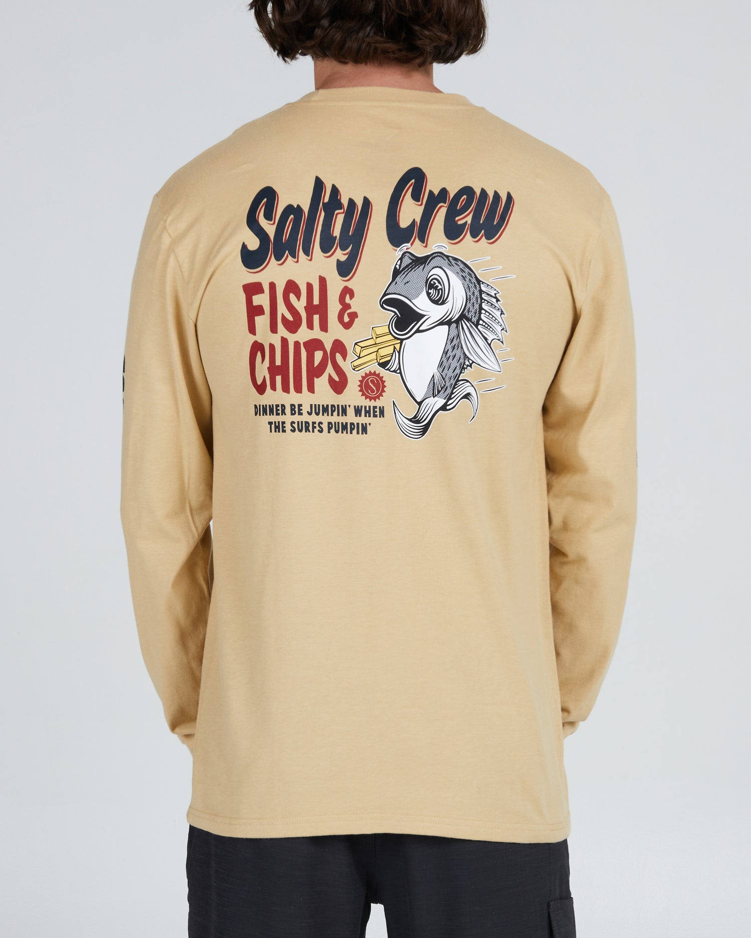 On body back of the Fish And Chips Camel L/S Premium Tee