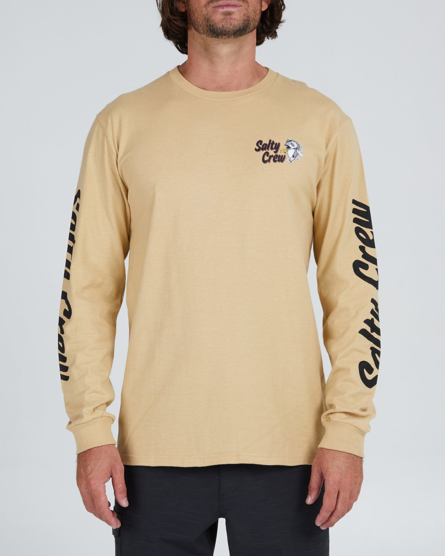 On body front of the Fish And Chips Camel L/S Premium Tee