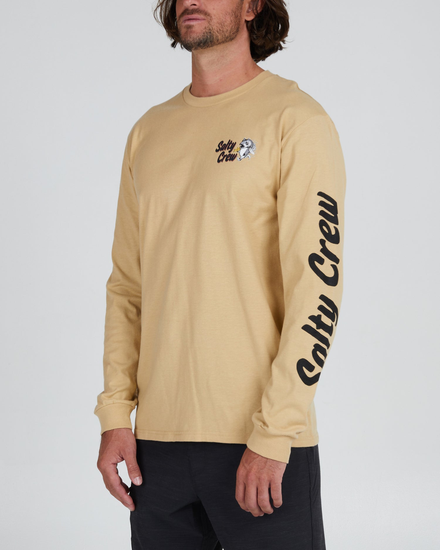 On body front angle of the Fish And Chips Camel L/S Premium Tee
