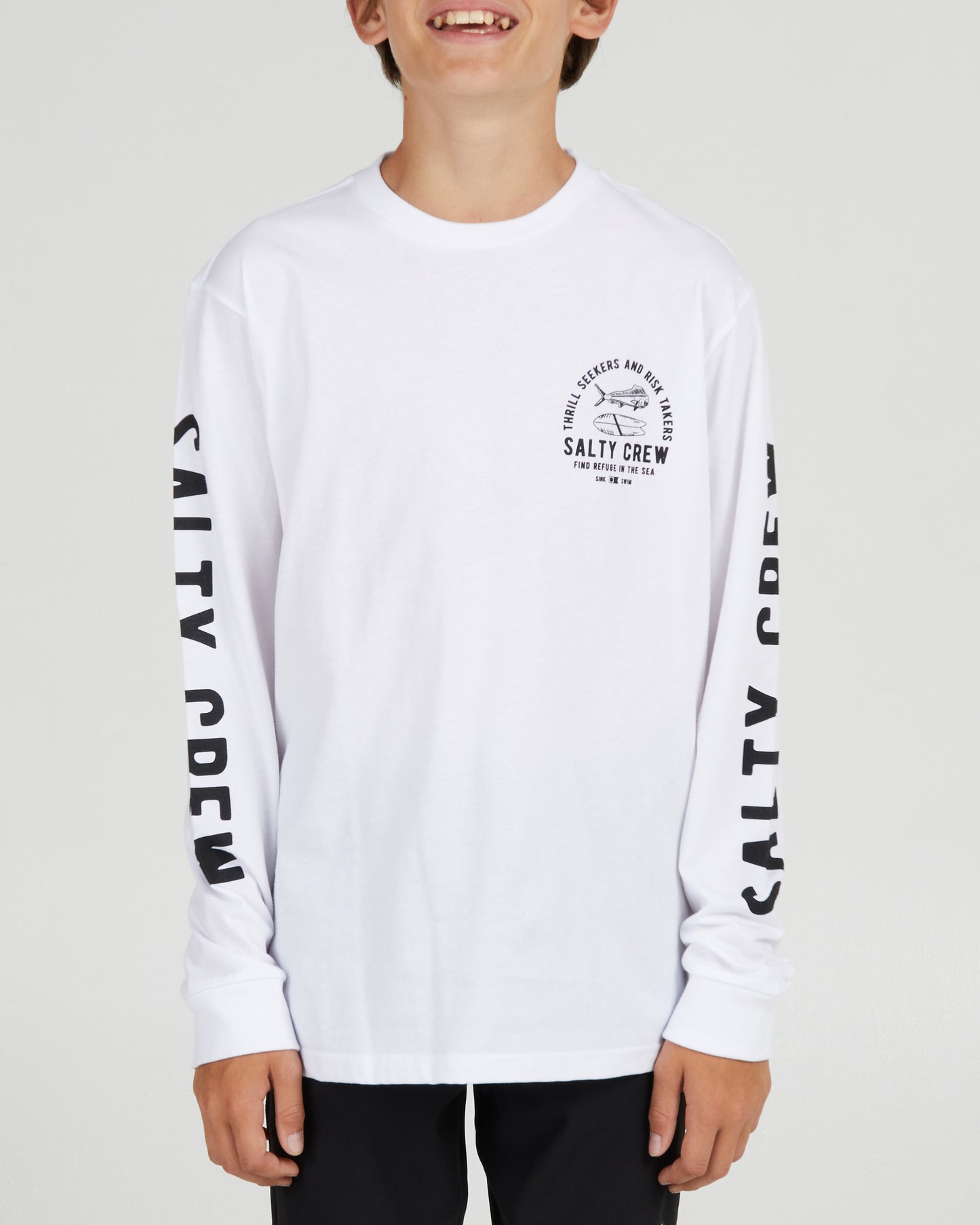 front view of Lateral Line Boys White L/S Tee