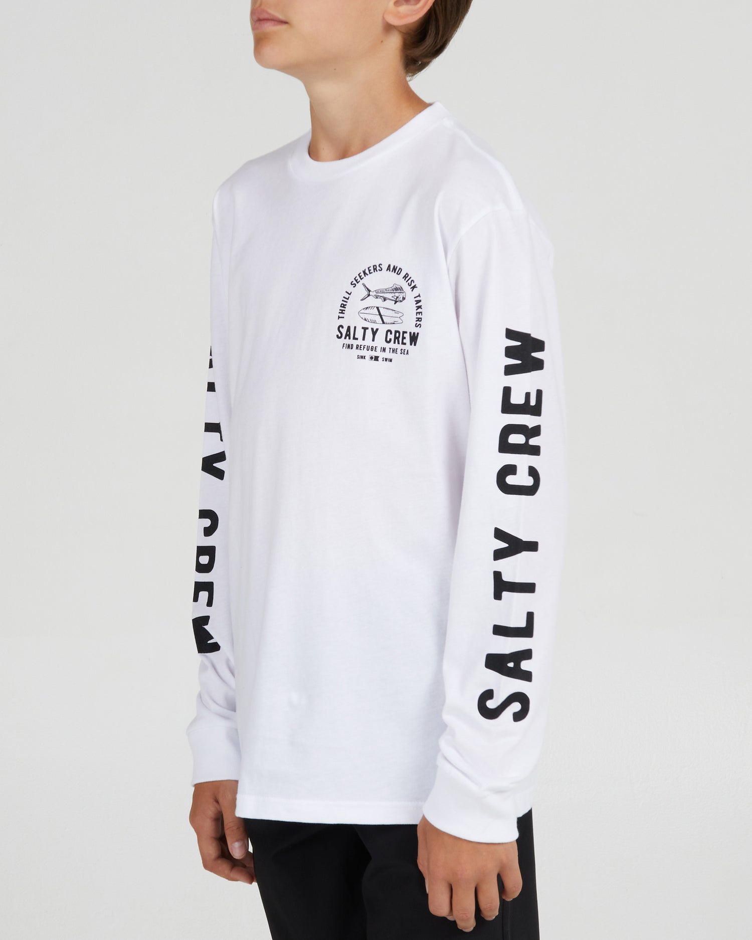 front angled Lateral Line Boys White L/S Tee