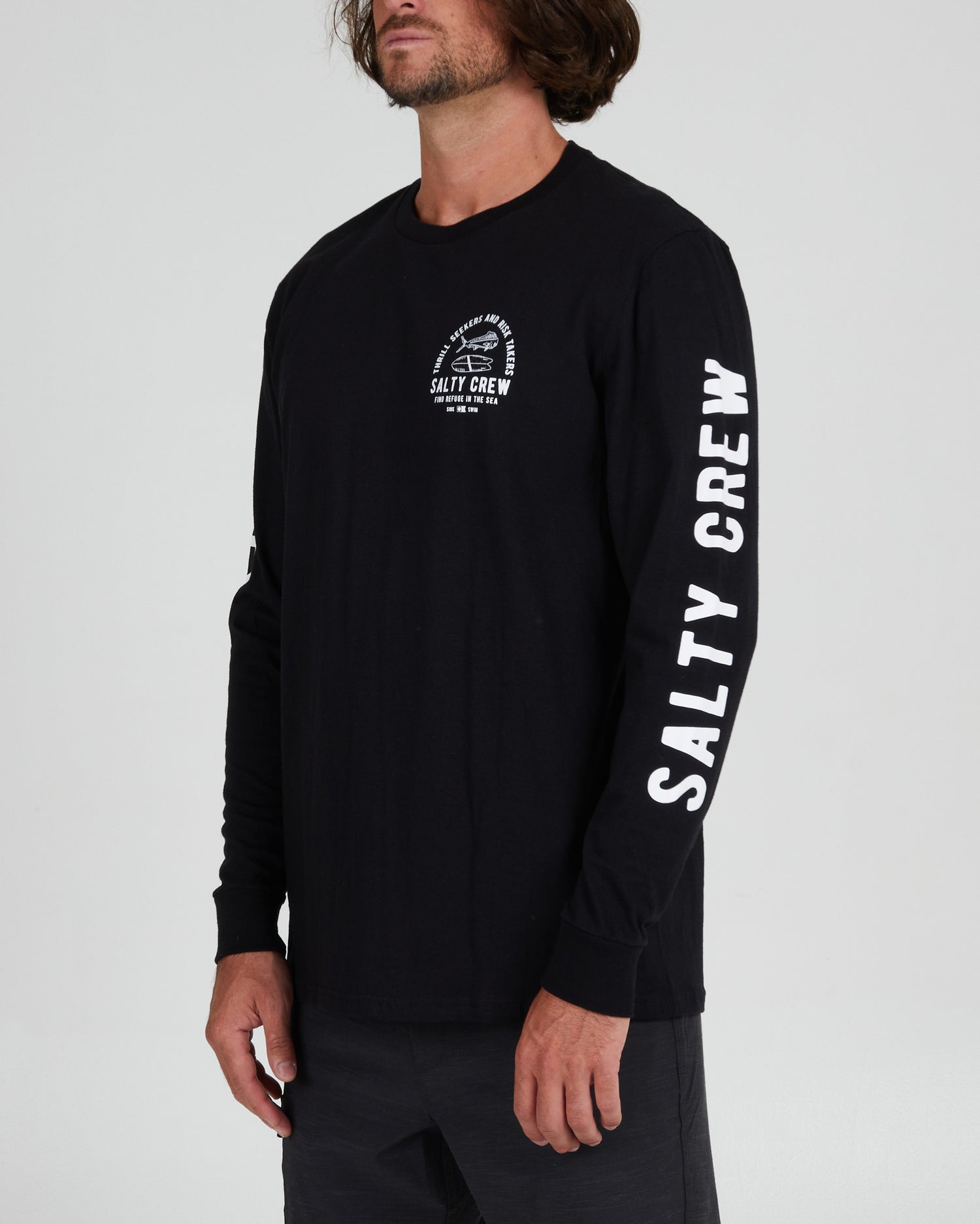 On body front angled view of the Lateral Line Black L/S Standard Tee
