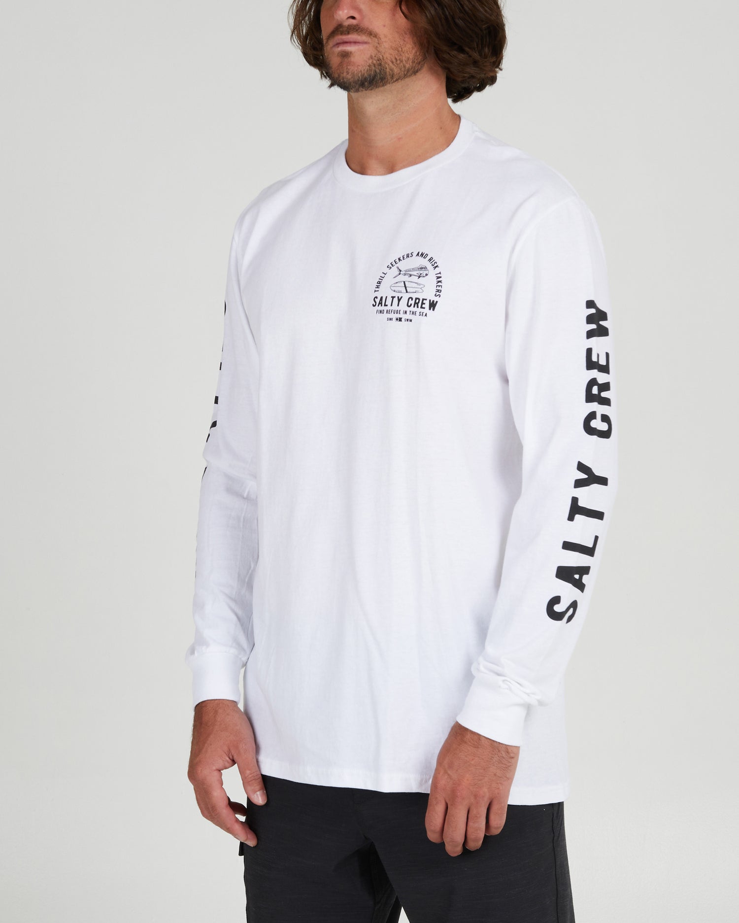On body front angled view of the Lateral Line White L/S Standard Tee