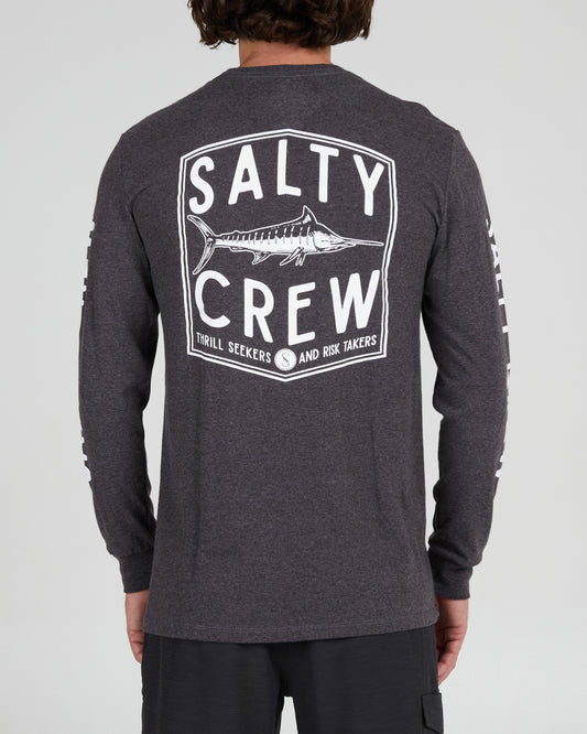 On body back of the Fishery Charcoal Heather L/S Standard Tee