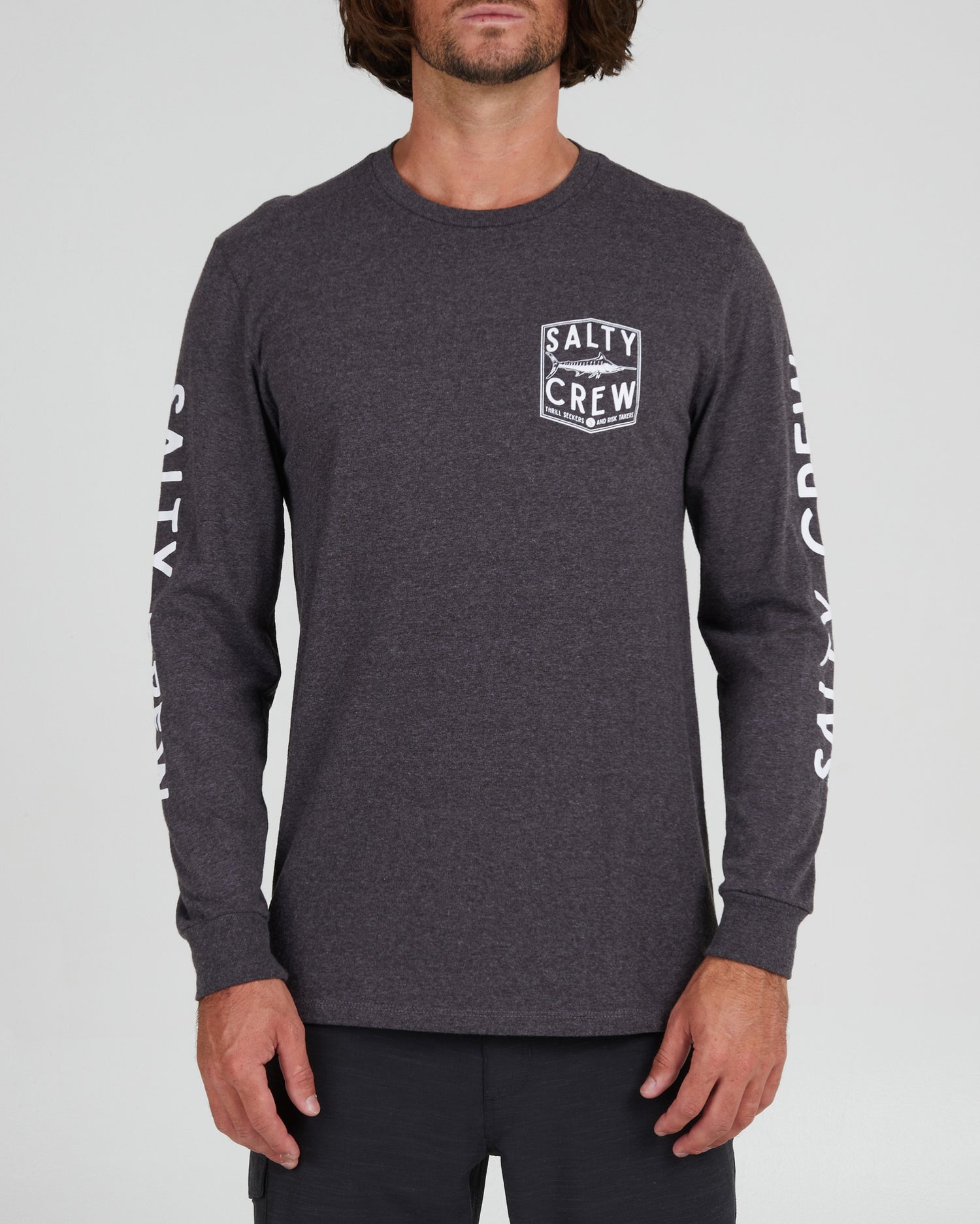 On body front of the Fishery Charcoal Heather L/S Standard Tee