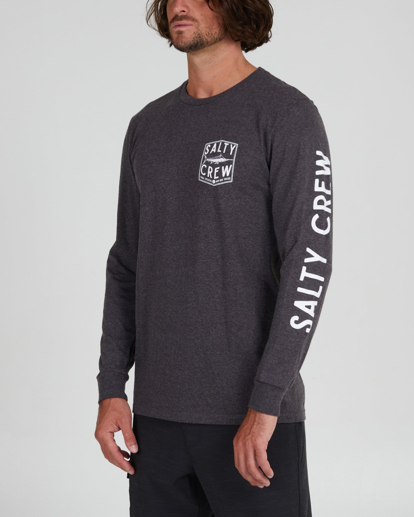 On body front angle of the Fishery Charcoal Heather L/S Standard Tee