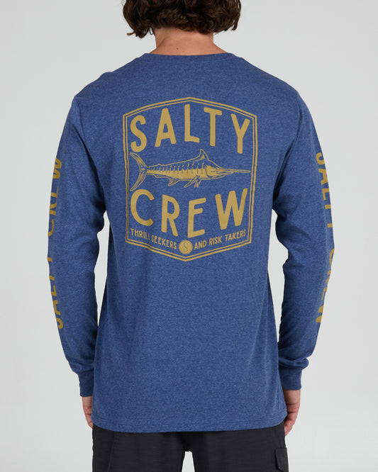 On body back of the Fishery Navy Heather L/S Standard Tee