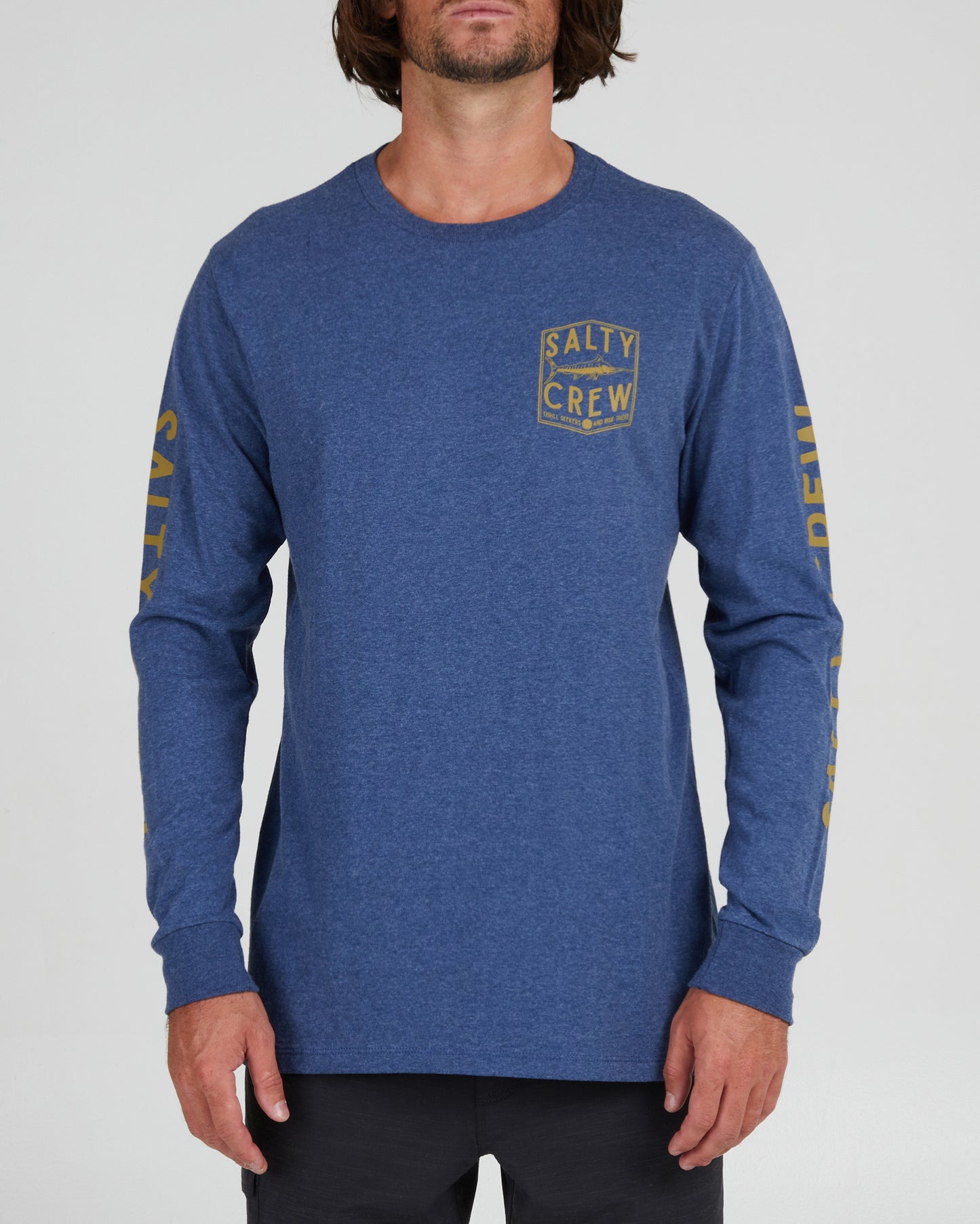 On body front of the Fishery Navy Heather L/S Standard Tee