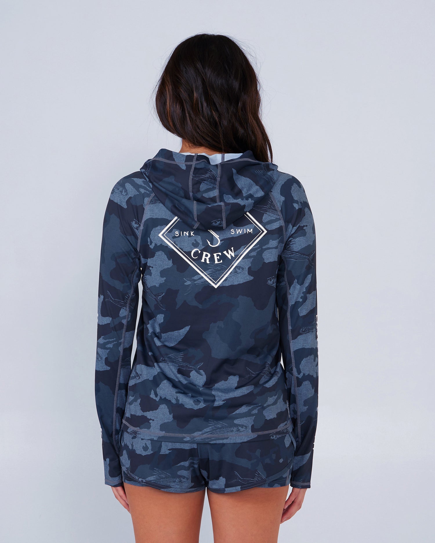 back view of Tippet Blue Camo Tech Hoody