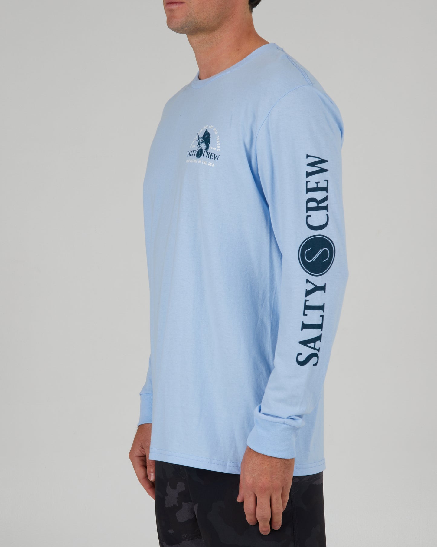 front angled view of Yacht Club Light Blue L/S Standard Tee