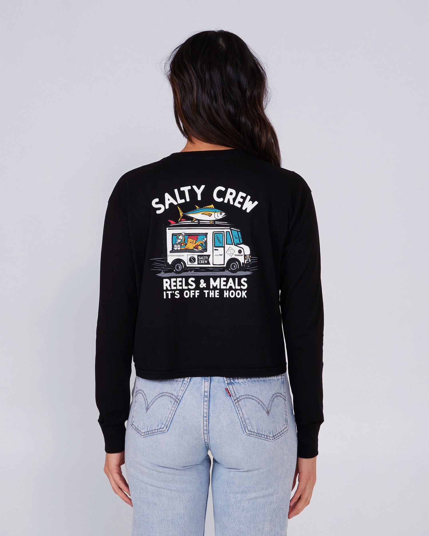 back view of Reels and Meals Black L/S Crop Tee