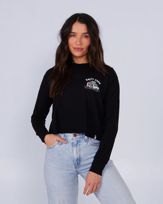 front view of Reels and Meals Black L/S Crop Tee