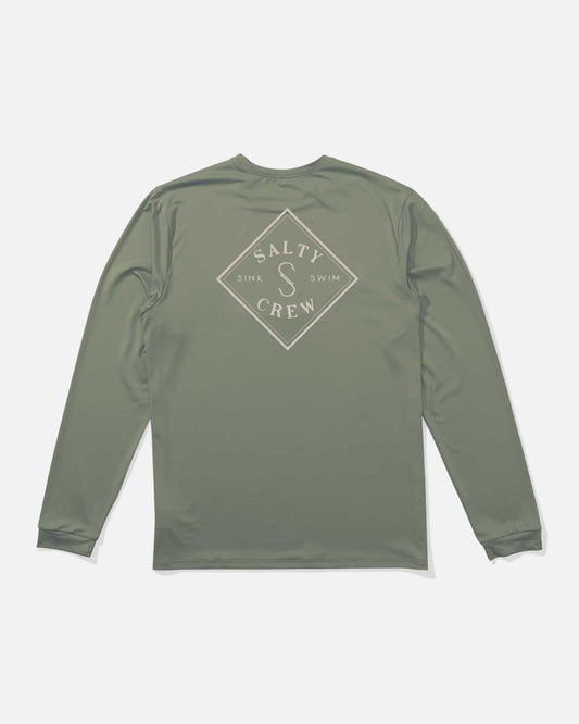 Back view of the Tippet Long Sleeve Sunshirt - Oil Green. 