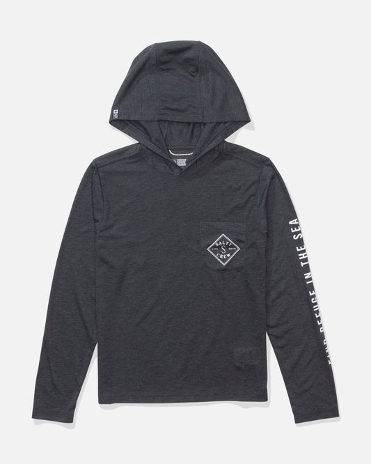 Front view of the Tippet Boys Hood Tech Tee - Black Heather. 