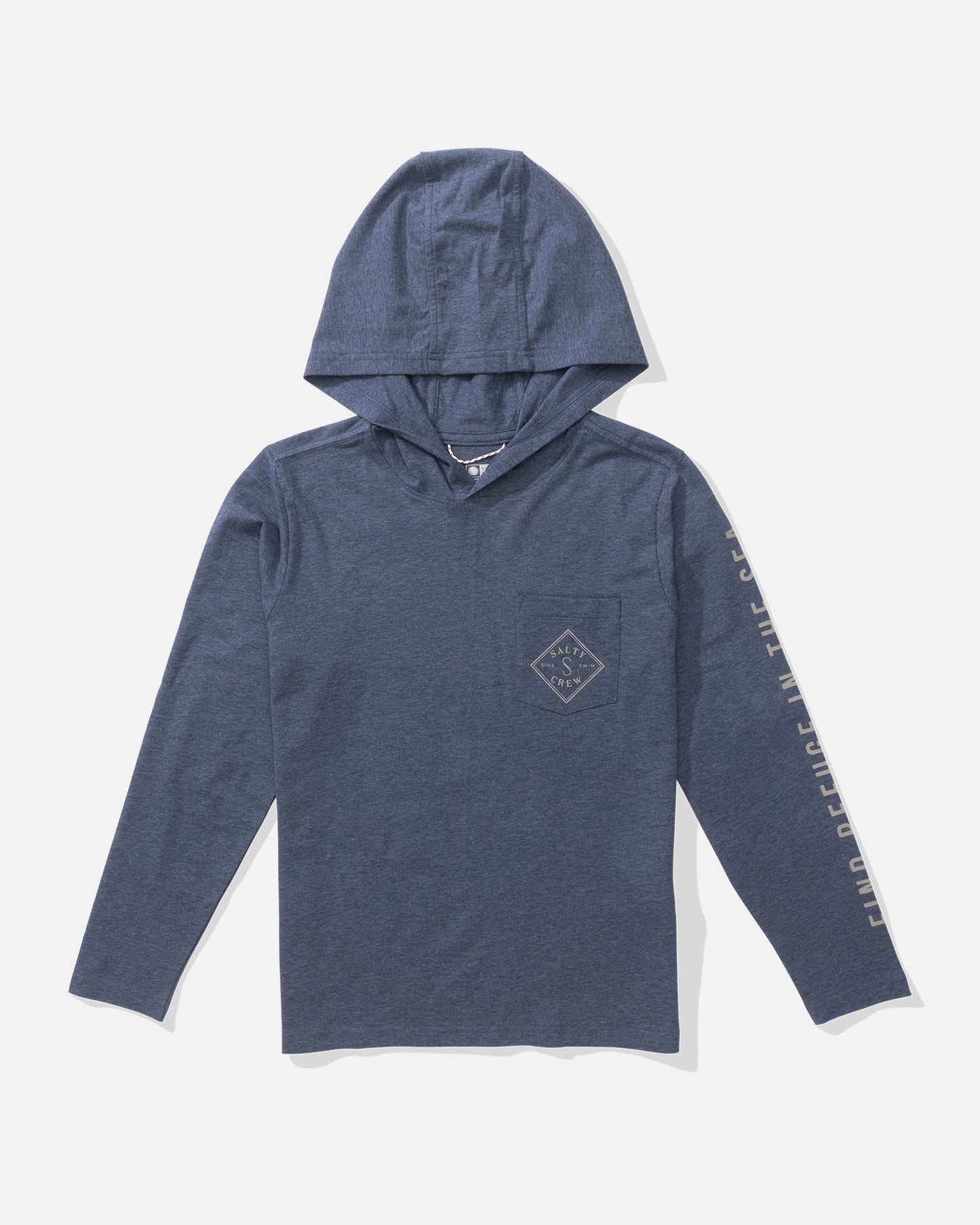 Front view of the Tippet Boys Tech Tee Hoodie - Navy. 