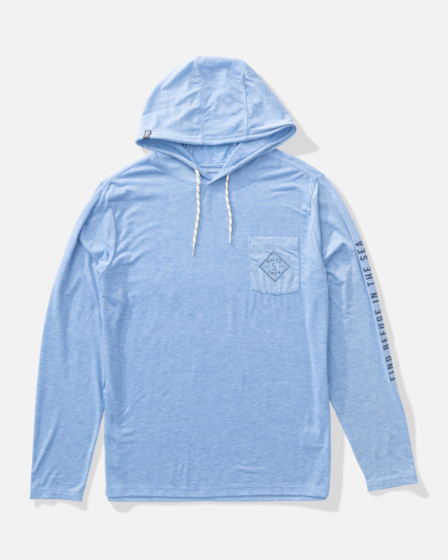 Front view of the Tippet Pocket UV Hoodie - Blue Heather. 