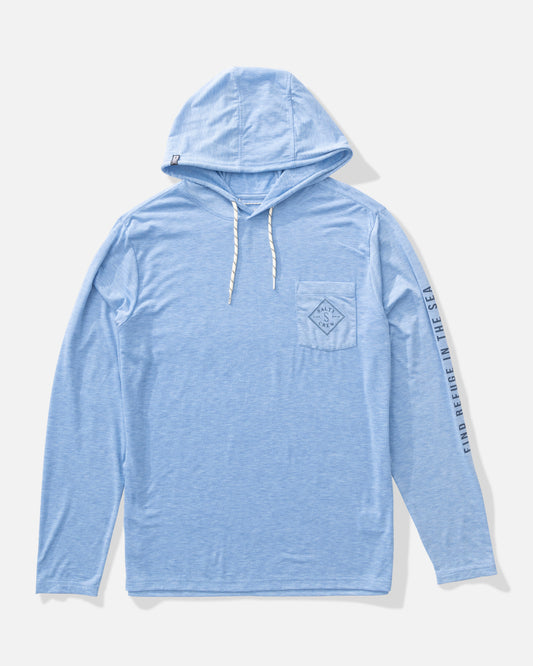 Front view of the Tippet Pocket UV Hoodie - Blue Heather. 