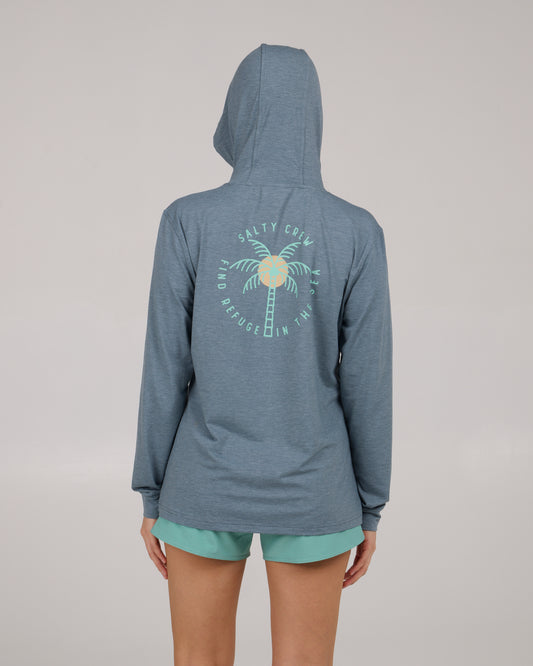 back view of Queen Palm Tech Hoodie - Fin Blue