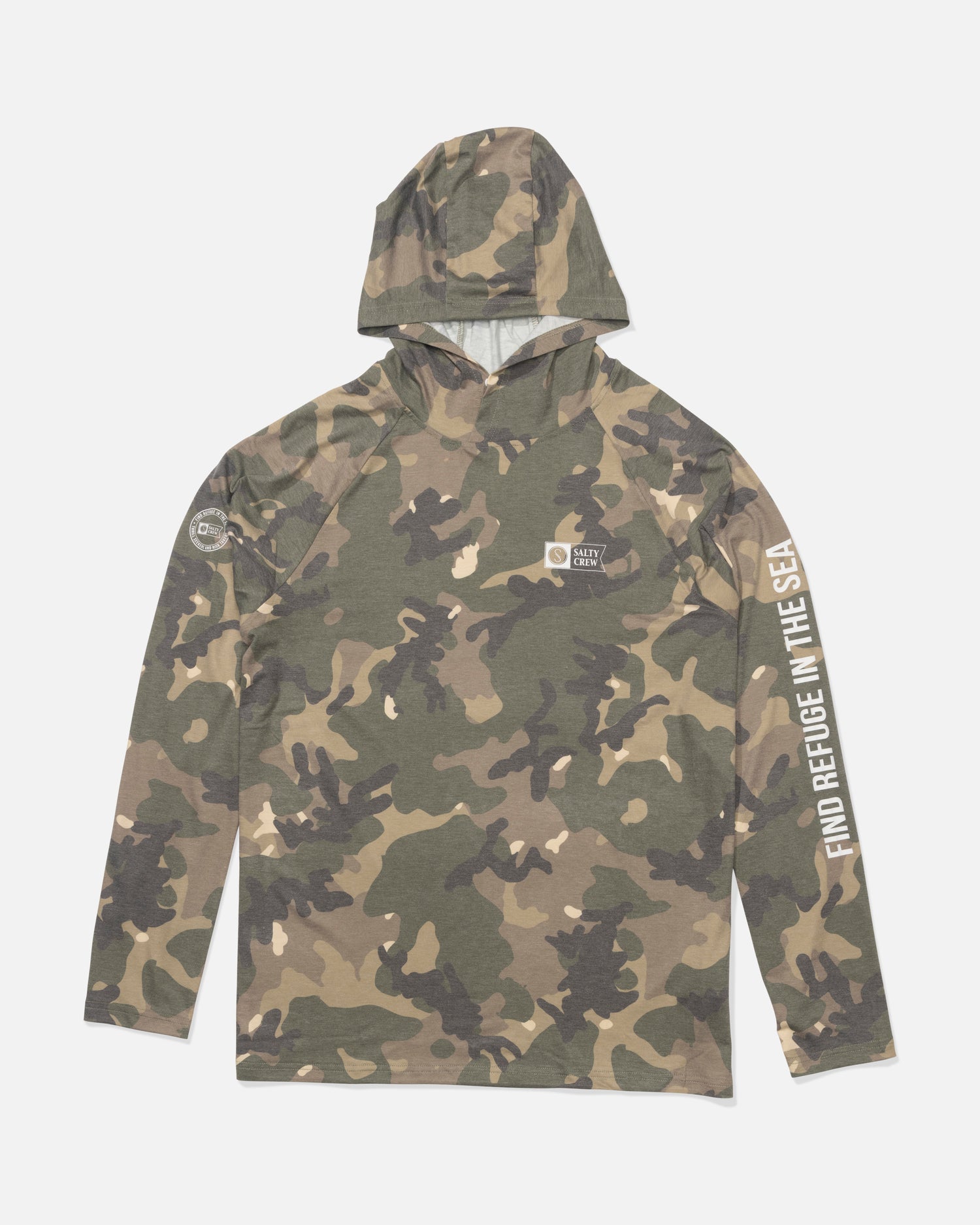 Front view of the Mariner Lite UV Hoodie - Green Camo. 