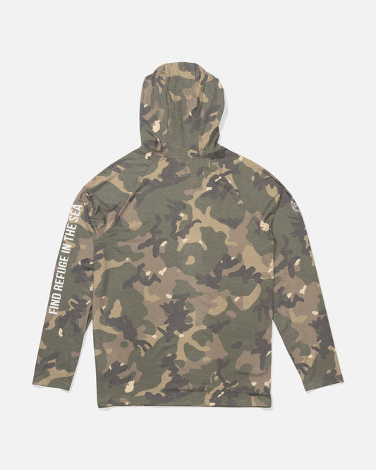 Back view of the Mariner Lite UV Hoodie - Green Camo. 
