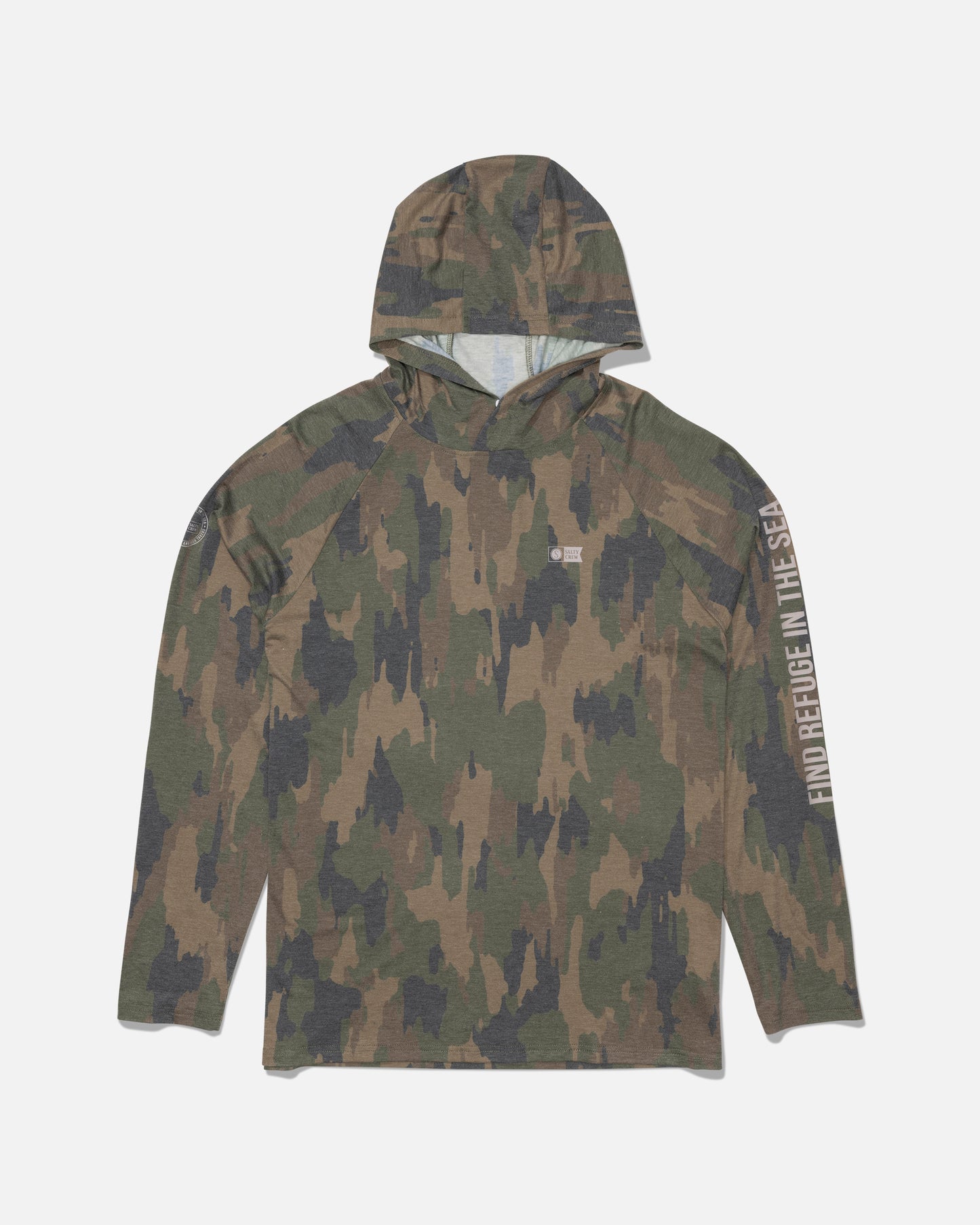 The Salty Crew Mariner Lite UV Hood - Ranger is a long-sleeve, camouflage-patterned hooded shirt featuring UPF 50+ sun protection for all-day comfort outdoors, with “FIND REFUGE IN THE SEA” printed in white text along the right sleeve.