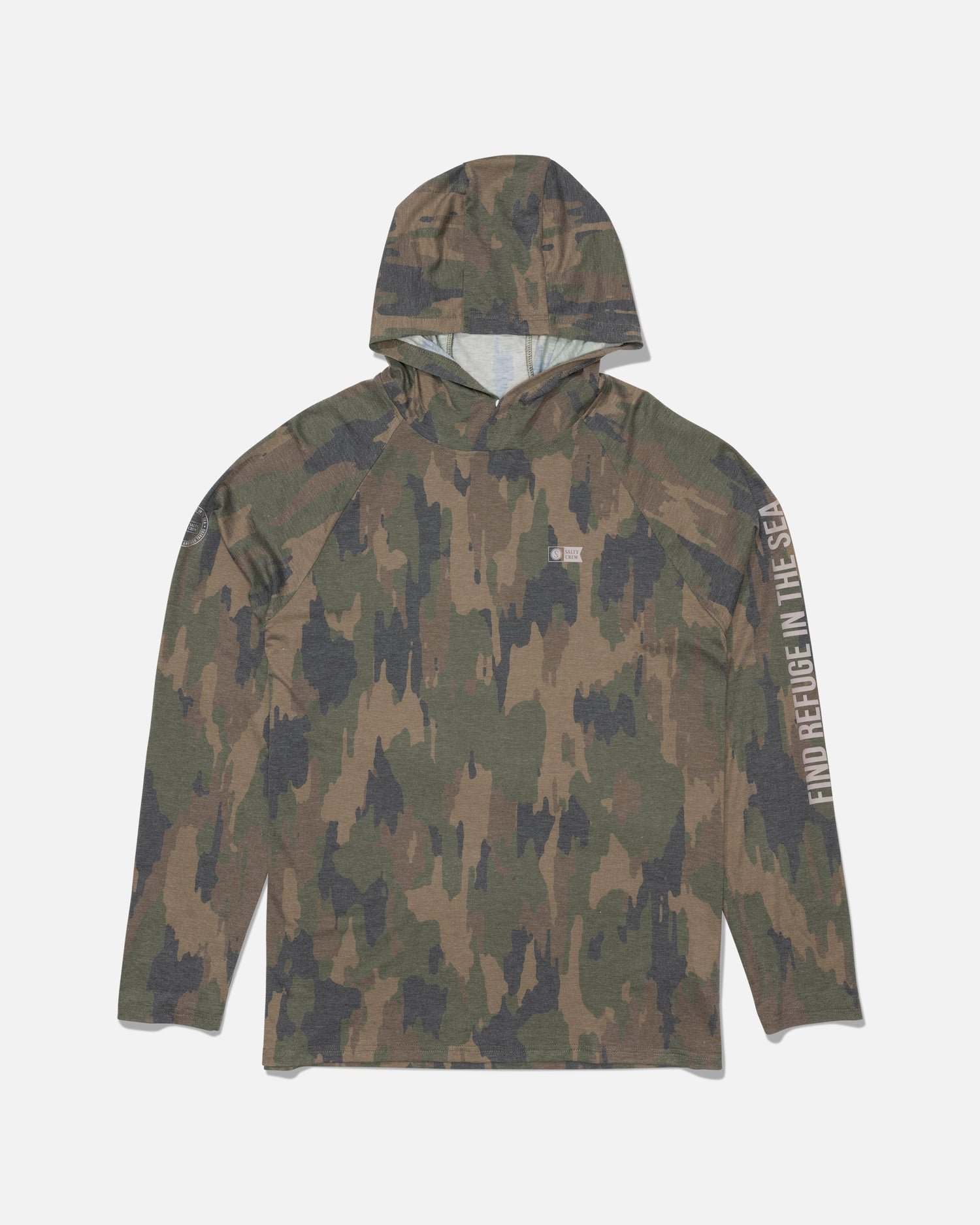 The Salty Crew Mariner Lite UV Hood - Ranger is a long-sleeve, camouflage-patterned hooded shirt featuring UPF 50+ sun protection for all-day comfort outdoors, with “FIND REFUGE IN THE SEA” printed in white text along the right sleeve.
