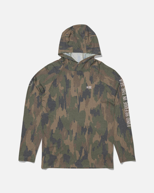The Salty Crew Mariner Lite UV Hood - Ranger is a long-sleeve, camouflage-patterned hooded shirt featuring UPF 50+ sun protection for all-day comfort outdoors, with “FIND REFUGE IN THE SEA” printed in white text along the right sleeve.