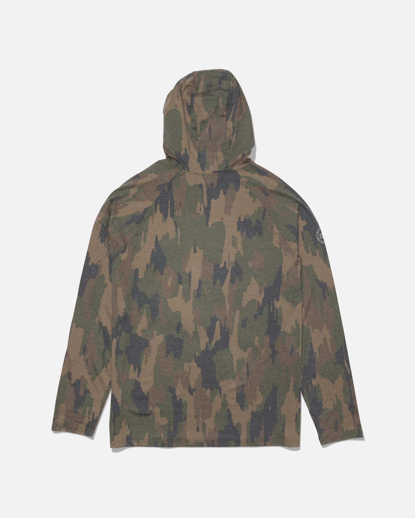 The Salty Crew Mariner Lite UV Hood - Ranger is a long-sleeve hooded shirt featuring a green and brown camouflage pattern, shown laid flat with the back facing up. Designed for outdoor adventures, it offers UPF 50+ sun protection to combine style and function.