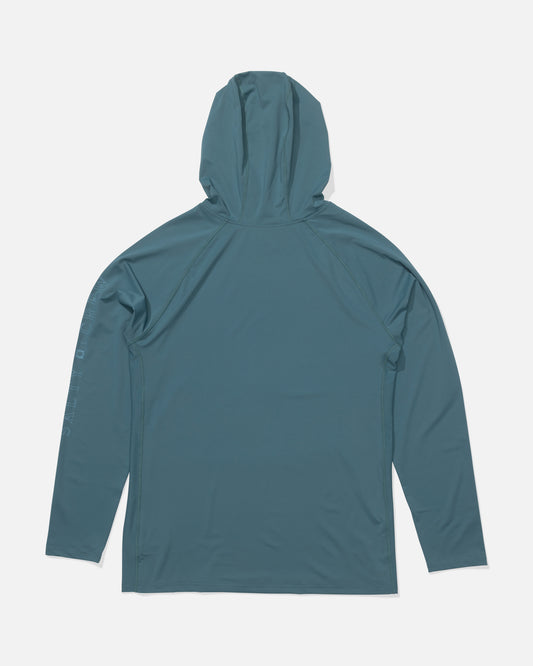The Salty Crew Apex Perforated Sunshirt - Hydro is a teal long-sleeve hoodie shown flat from the back. Made with breathable technical knit, it has raglan sleeves, a relaxed fit, and subtle text on the right sleeve.