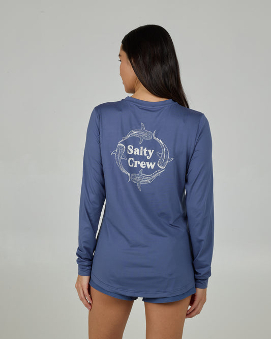 Back view of the Respect Long Sleeve Sunshirt - Indigo. 