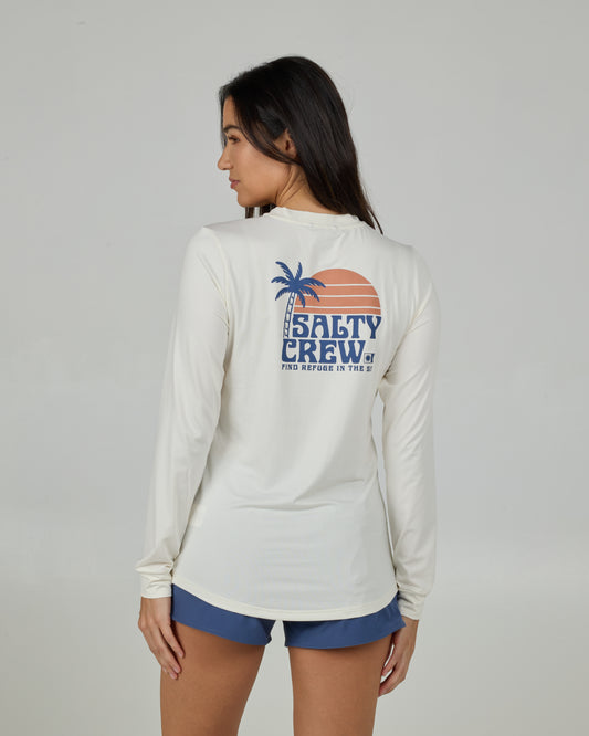 Back view of the Sunrise Long Sleeve Sunshirt - Off White. 