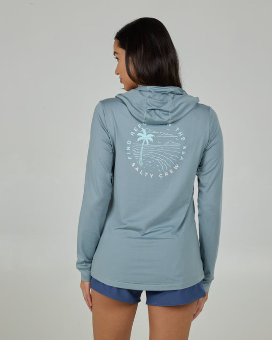Back view of the Fireworks Sunshirt Hoodie - Stormy Grey. 