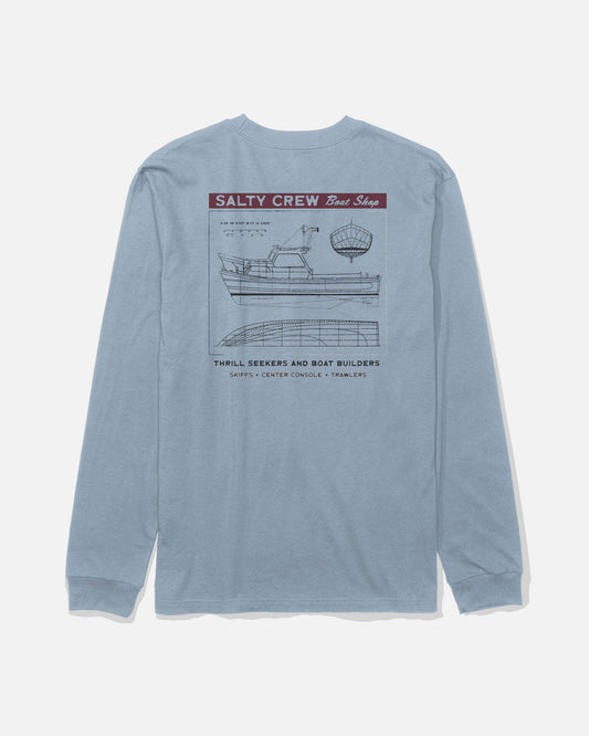Back view of the Boat Shop Long Sleeve Tee - Blue Fog. 