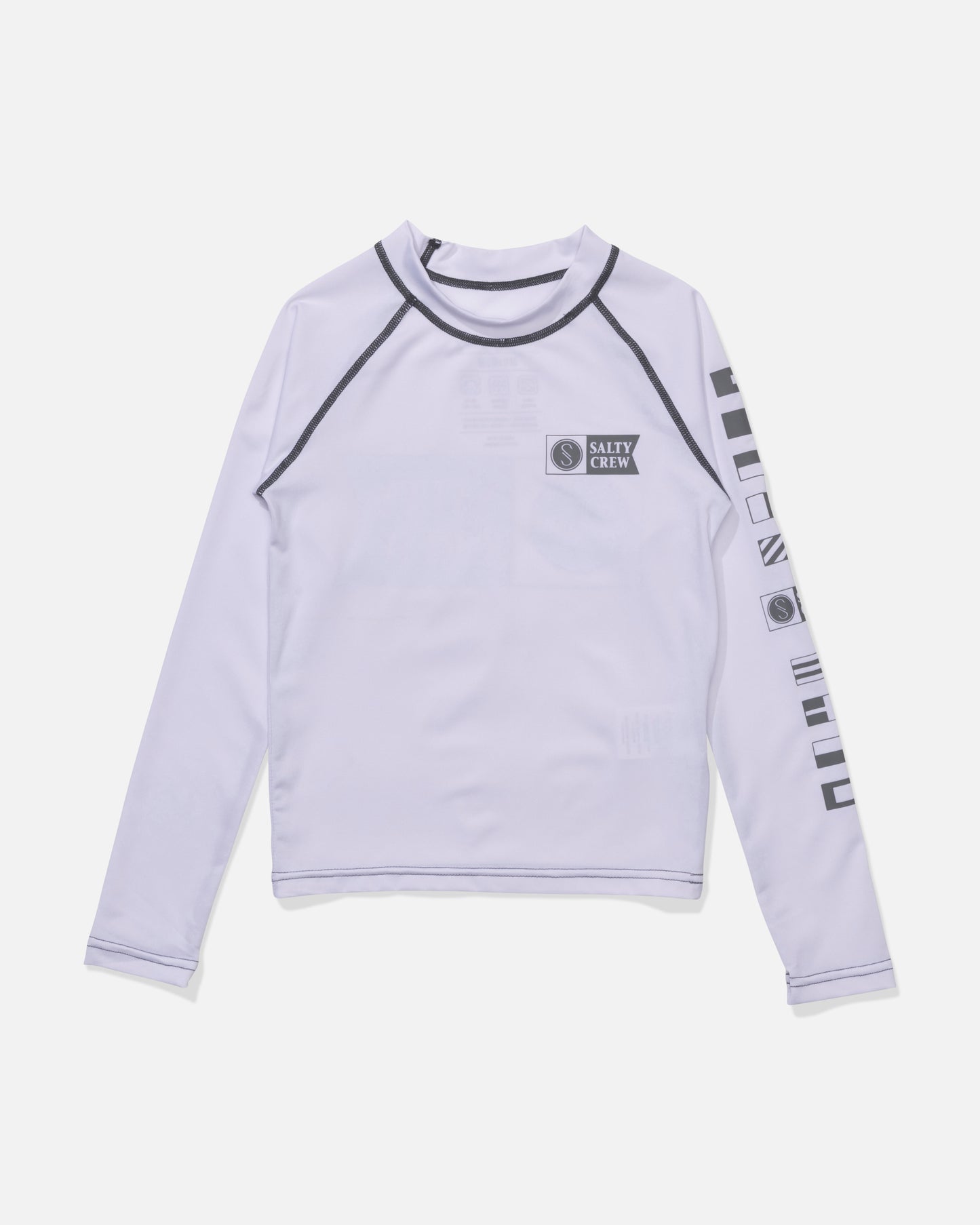 The Salty Crew Alpha Boys Rashguard in white features long sleeves.