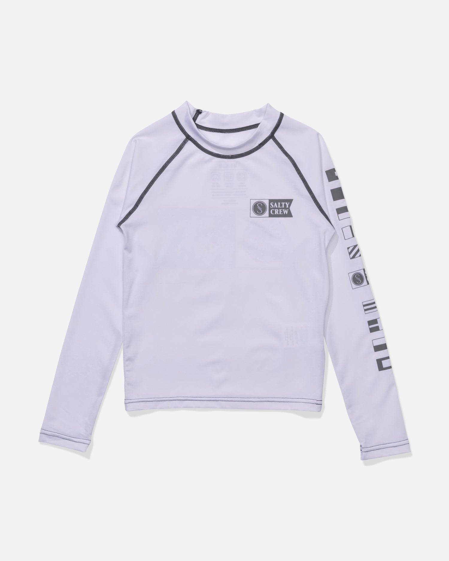 The Salty Crew Alpha Boys Rashguard in white features long sleeves.